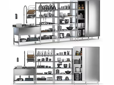 Modern Stainless Steel Kitchen Appliances with Open Shelves Cookware and Dishes Storage 3d model