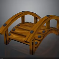 Wooden Arch Bridge Model With Planks And Black Decorative Blocks For Garden Scene
