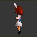 Woman in pink white dress with red hair rabbit ears crossed hands on gray