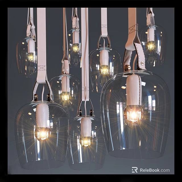 Modern Transparent Glass Chandeliers With White Leather Straps And Illuminated Bulbs 3d model 