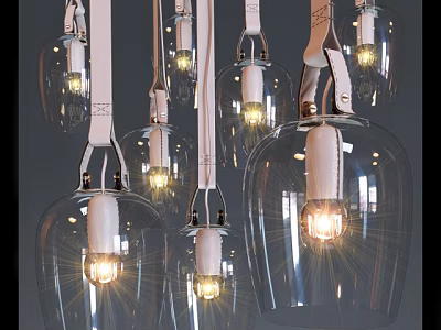 Modern Transparent Glass Chandeliers With White Leather Straps And Illuminated Bulbs 3d model