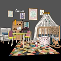 Cozy Baby Crib With Canopy Rocking Horse Colorful Rug and Decorative Wall Art