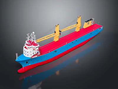 Colorful Cargo Ship With Blue Hull Red Deck And Yellow Cranes 3d model