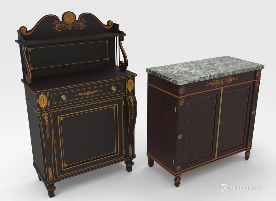 Antique Dark Wood Cabinets With Gold Trim Carved Top And Marble Countertop 3d model 
