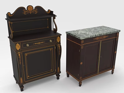 Antique Dark Wood Cabinets With Gold Trim Carved Top And Marble Countertop 3d model