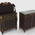 Antique Dark Wood Cabinets With Gold Trim Carved Top And Marble Countertop
