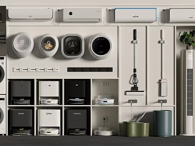 Organized Modern Household Appliances Storage With Wall Mounted Units And Various Devices 3d model