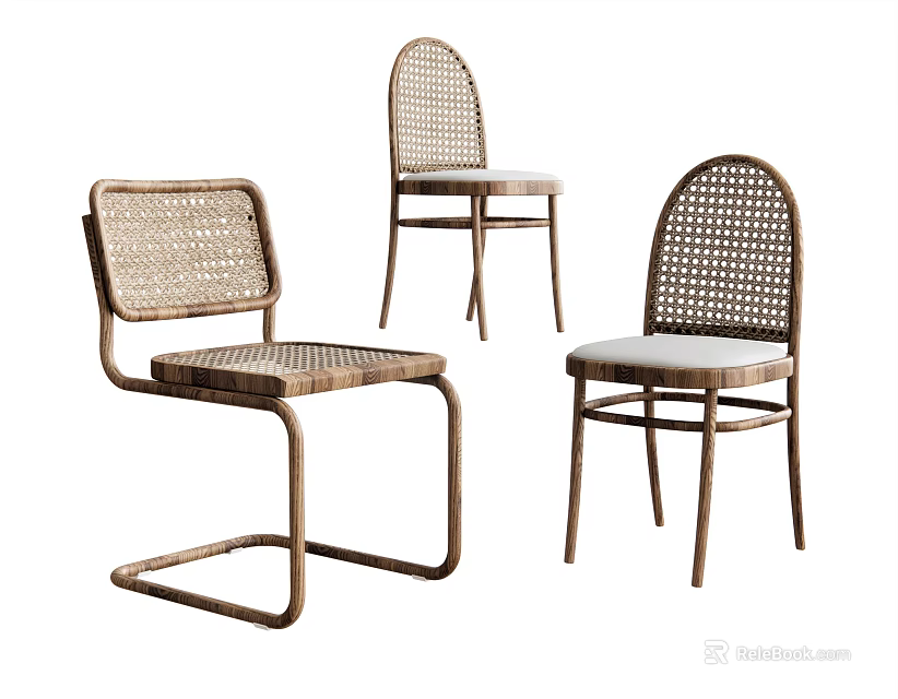 Three Modern Leisure Chairs Featuring Rattan Weave And Wooden Frames Design 3d model 
