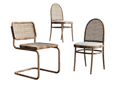 Three Modern Leisure Chairs Featuring Rattan Weave And Wooden Frames Design 3d model