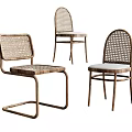 Three Modern Leisure Chairs Featuring Rattan Weave And Wooden Frames Design