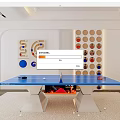 Blue Ping Pong Table as Indoor Sports Equipment with Racket Balls and Decorative Wall Panels