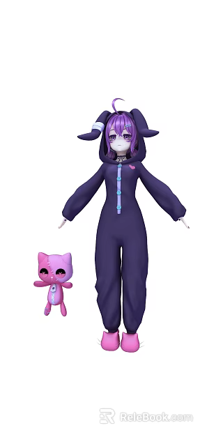 Woman In Purple Hooded Jumpsuit Standing With Pink Cat Plush Toy 3d model 