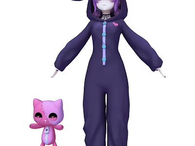 Woman In Purple Hooded Jumpsuit Standing With Pink Cat Plush Toy 3d model