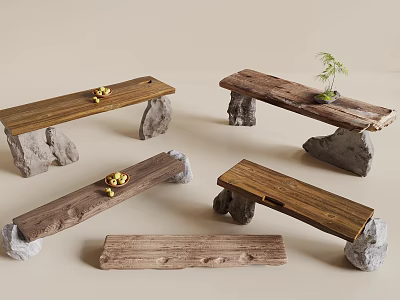 Rustic Wooden Console Tables With Stone Supports And Small Decorative Ornaments 3d model