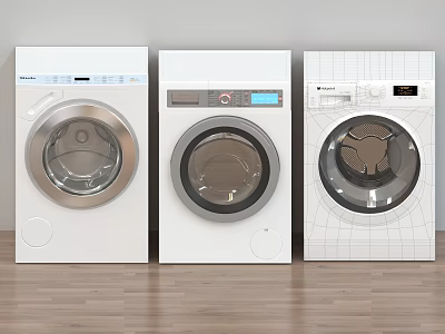 Three Washing Machines Side by Side on Wooden Floor with White Body Round Transparent Door 3d model