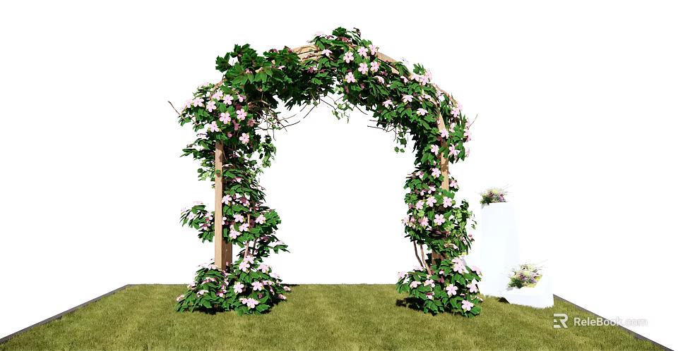 Wedding Archway Decorated With Green Vines Pink Flowers On Lush Grass And White Drapery 3d model 