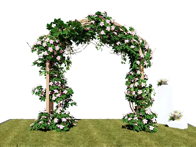 Wedding Archway Decorated With Green Vines Pink Flowers On Lush Grass And White Drapery 3d model