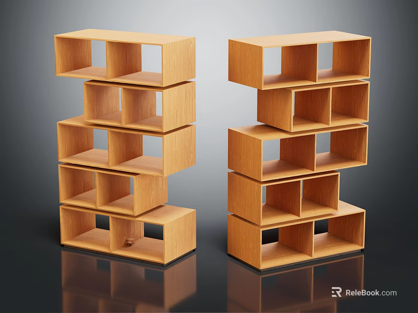 Modern Wooden Bookcase With Open Stacked Shelves And Layered Design 3d model 