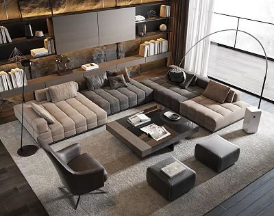 Modern Sectional Sofa and Coffee Table Set with Ottoman Stools and Floor Lamp 3d model