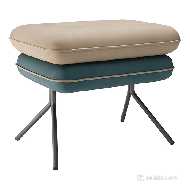Modern Upholstered Ottoman Stool With Beige And Teal Cushions And Metal Legs 3d model 
