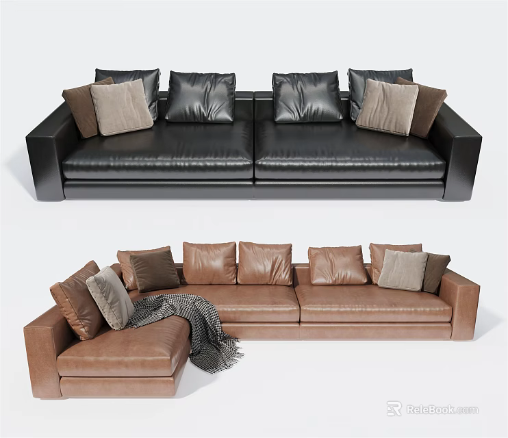 Modern Black And Brown Leather Sofa Set With Multiple Pillows And Gray Throw Blanket 3d model