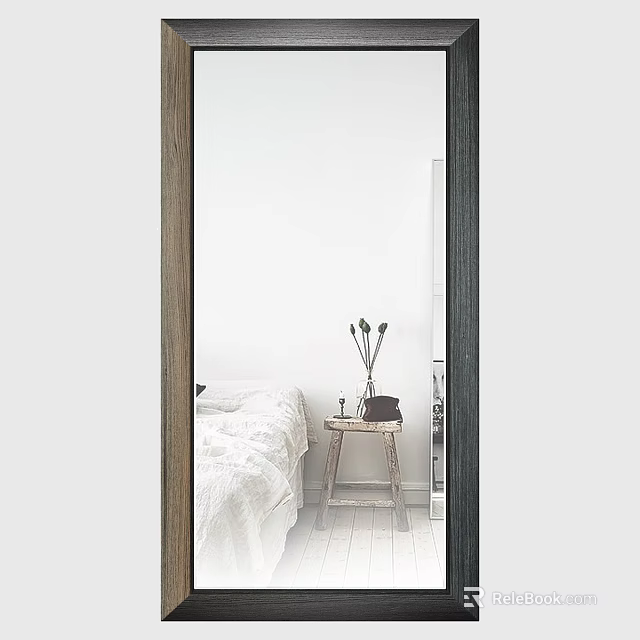 Full Length Mirror In Bedroom Interior With White Bed Wooden Stool And Dried Flowers 3d model 
