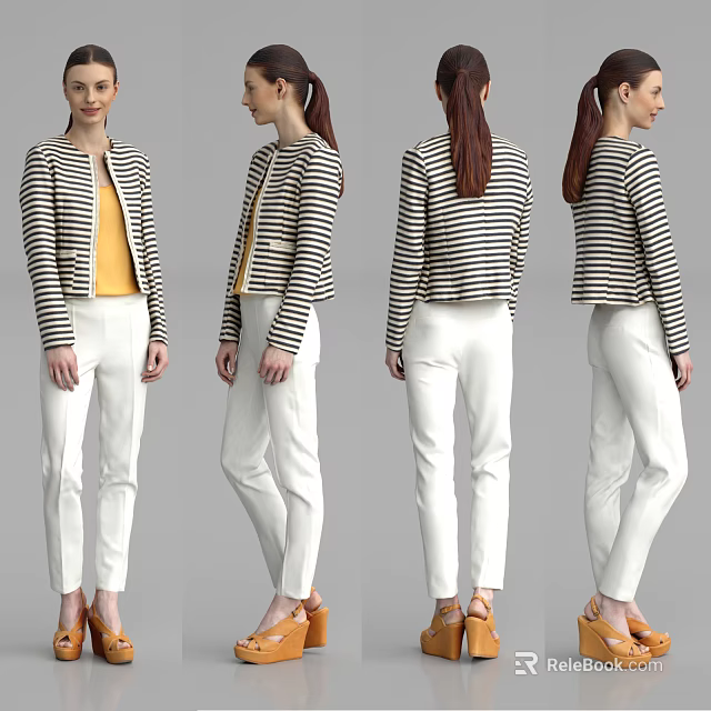 Woman Wearing Striped Jacket Yellow Top White Pants And Orange Shoes From Multiple Angles 3d model