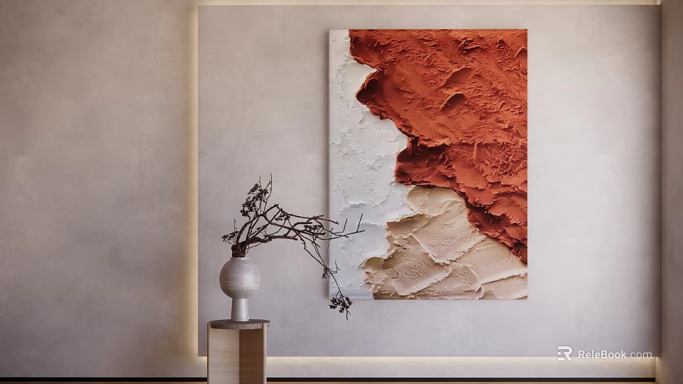 Abstract Painting Red White Beige Textured Brushstrokes Hanging on Wall with White Vase and Branches 3d model 