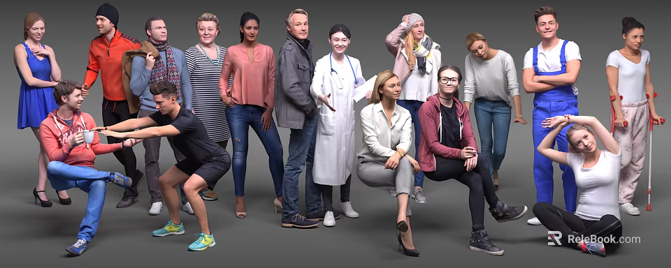 Group of Diverse People Standing and Sitting with Various Ages Occupations and Attires 3d model 