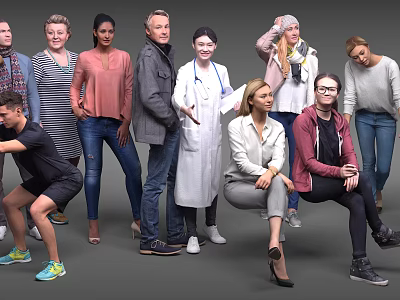 Group of Diverse People Standing and Sitting with Various Ages Occupations and Attires 3d model