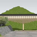 Modern Museum Building With Wooden Structured Roof Grassland Stone Wall And Glass Entrance