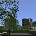 Modern High Rise Residential Building with Lush Greenery Trees and Landscaped Garden Walkway