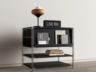 Modern Black Metal Frame Nightstand with Multiple Shelves Table Lamp Radio Clock and Books 3d model
