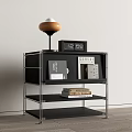 Modern Black Metal Frame Nightstand with Multiple Shelves Table Lamp Radio Clock and Books