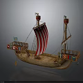 Ancient Wooden Sailing Ship Model with Red and White Striped Sail Decorative Flags and Towers