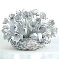 White Tulip Potted Plant In Wicker Basket On Wooden Table Dark Background