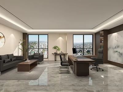 Modern Office Interior Design With Desk Chair Sofa Coffee Table And City View Windows 3d model