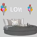 Round Bed Design With LOVE Letter Decor And Colorful Balloons And Pillows