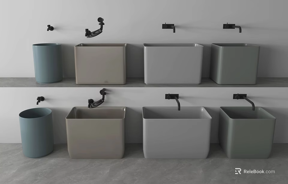Different Colored Square Washbasins with Black Faucets Arranged on Shelves 3d model 