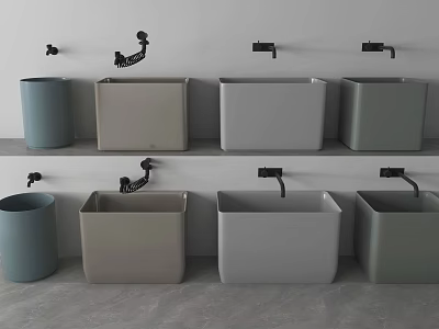 Different Colored Square Washbasins with Black Faucets Arranged on Shelves 3d model