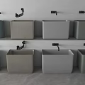 Different Colored Square Washbasins with Black Faucets Arranged on Shelves