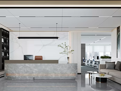 Modern Office Reception Desk Interior With Marble Counter And Green Plant Decor 3d model