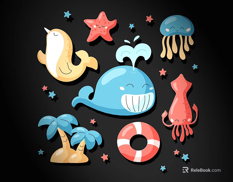 Cartoon Ocean Theme Wall Decor With Whale Dolphin Starfish Jellyfish And Palm Trees 3d model 