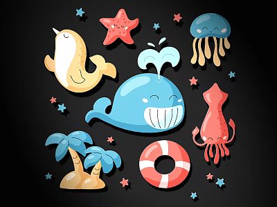 Cartoon Ocean Theme Wall Decor With Whale Dolphin Starfish Jellyfish And Palm Trees 3d model