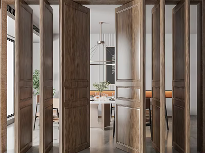Modern Wooden Room Divider With Folding Doors Dining Area Plants And Pendant Light 3d model