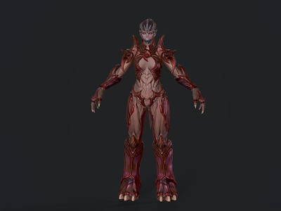 Game Movie Character In Red Purple Armor With Intricate Sci Fi Fantasy Humanoid Design 3d model