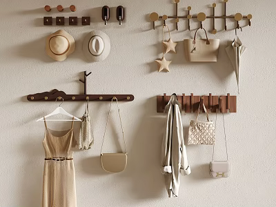 Wooden Wall Mounted Coat Rack With Dresses Handbags Hats Umbrellas And Decorative Stars 3d model