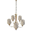 Tech Exhibition Hall Interior With Chandelier Featuring Five White Shades Gold Metal Frame And Chain