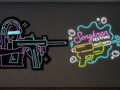 Decorative Neon Lights for Songkran Festival with Character Silhouette Water Gun and Droplets Design 3d model