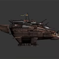 Detailed Steampunk Airship Warship Model With Mechanical Cannons Propellers And Vintage Flag